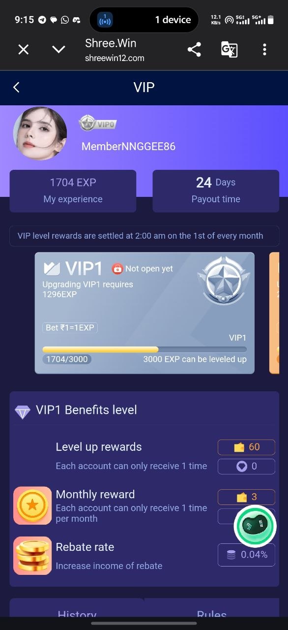 Shree Win app VIP screen showing experience points and level benefits