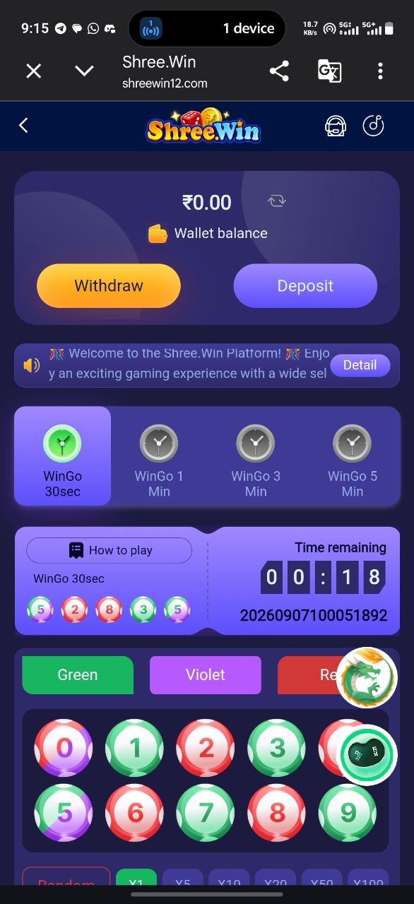 Shree Win app home screen showing the wallet balance and WinGo colour prediction game