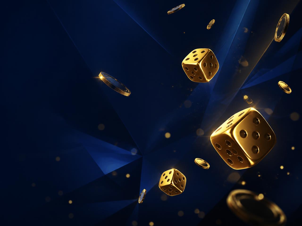 Golden dice and coins floating over a deep blue background representing online gaming